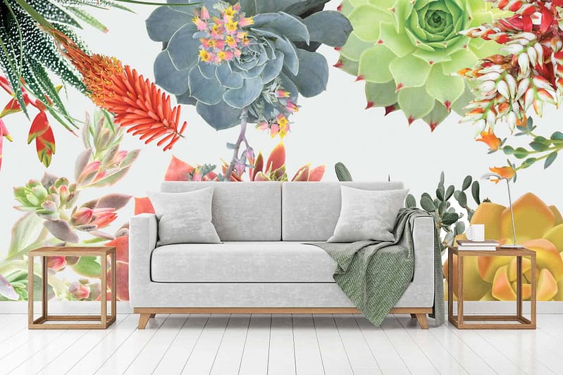 Vibrant mural of colorful succulents and cacti, featuring hues of green, pink, purple, and blue; themes include water conservation.