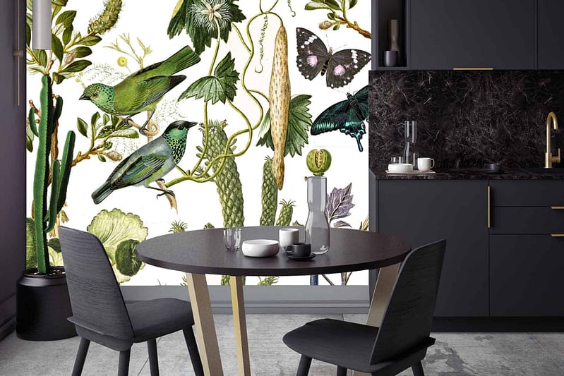 Botanical mural with green birds, butterflies, and various plants. Whimsical charm from "What Katy Did." Vibrant and natural decor.