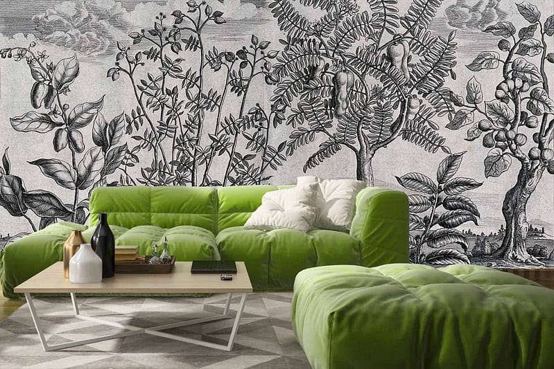 The wallpaper features a monochromatic botanical mural with plants and trees, evoking the serene essence of "Where the Wind Blows." Colors include various shades of grey.