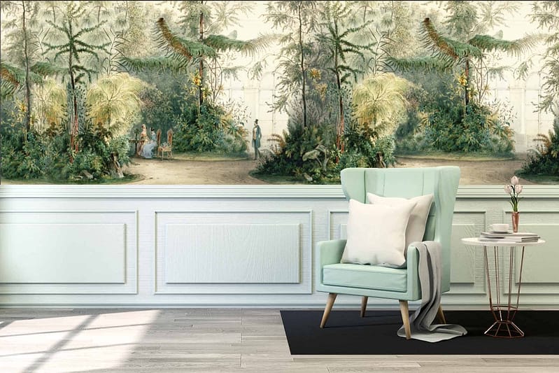 The wallpaper is a detailed mural depicting a lush tropical garden scene. It features vibrant greens from various plants and trees, interspersed with colorful flowers in shades of red, pink, yellow, and orange. Bright blue skies peek through the dense foliage, adding depth to the scene. Exotic birds with plumages of blue, red, and gold are scattered throughout the mural. Hints of natural sunlight create dappled highlights across the leaves and petals. This vivid depiction evokes a sense of serene beauty and lush tranquility in the space.