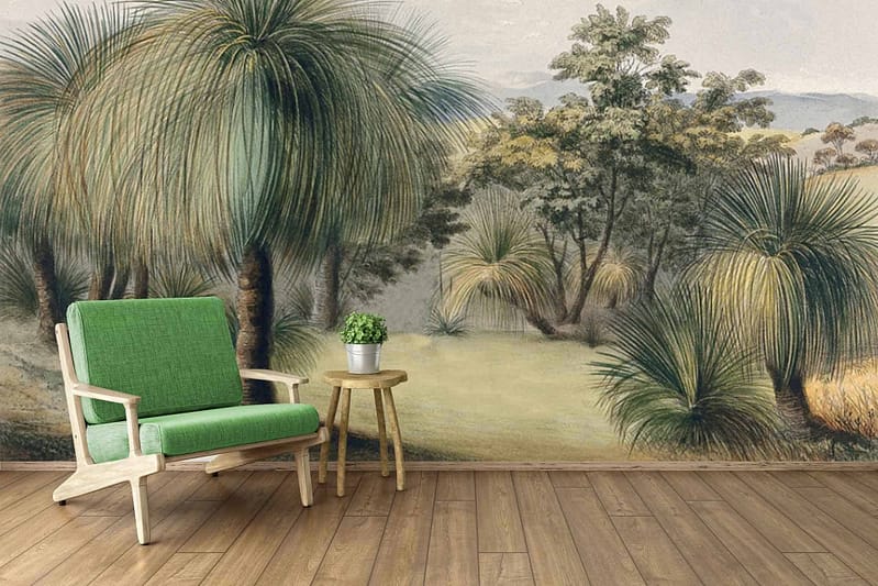 Wallpaper depicts a lush Woga Woga landscape with green trees, various plants, serene outdoor ambiance; prominent greens and natural tones.