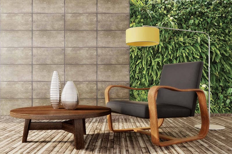 The wallpaper features a green vertical garden, with natural hues of lush plants. It contrasts against tiled walls and complements wooden flooring. Key elements include greenery and nature-inspired tones.