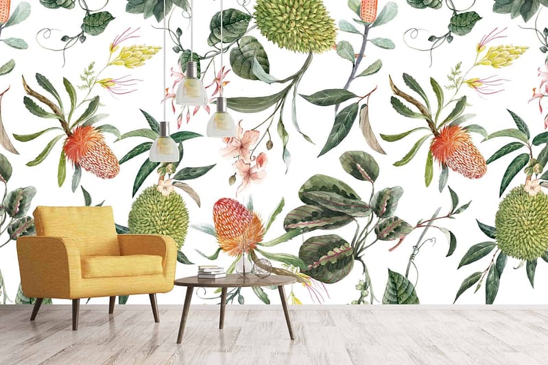 The wallpaper features a vibrant array of colorful flowers and leaves. Elements include roses, tulips, orchids, and ferns. Colors are rich and varied: reds, pinks, yellows, blues, greens, purples. The pattern is dense with botanical details creating a lush garden feel against the white wall.