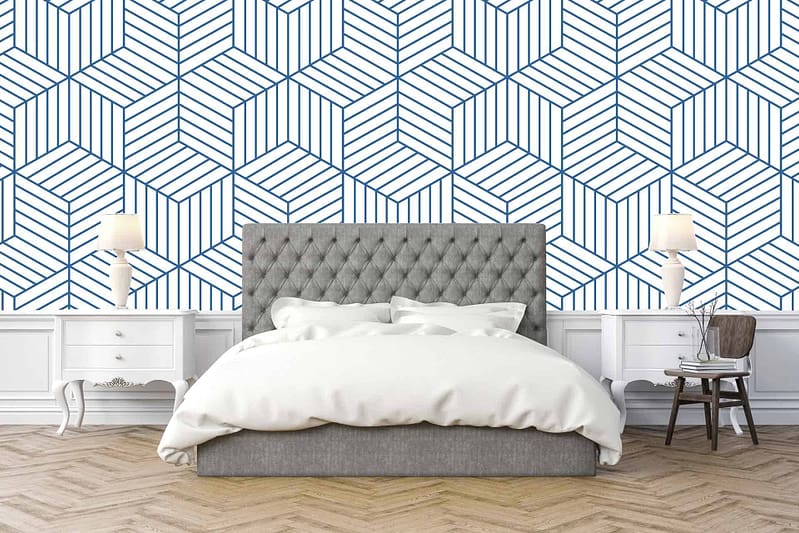 The wallpaper features a bold geometric pattern in blue and white colors.