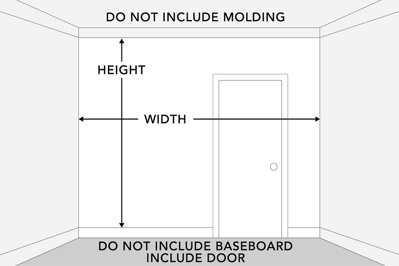 ```
[Diagram of Wall]

 ----------------------------
|                            |
|                            | 
|                            | 
|       **Height**           |  
|         (H)                |  
============================
||                        ||
||                        ||
||        ||   
||          (W)           ||   
============================

```

**Instructions for Measuring:**
1. **Height** (H): Measure from the floor to the ceiling excluding the baseboard and molding.
2. **Width** (W): Measure horizontally across the wall including the door but exclude any molding.

### Key Points:
- Do not include baseboards or moldings in your measurements, only focus on areas that will be covered with wallpaper.
- ***Wallpaper Elements & Colors***: floral patterns, shades of blue and green, gold accents.