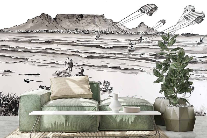 Wallpaper: black and white seascape of Bloubergstrand, parasailing people, mountains in the background.