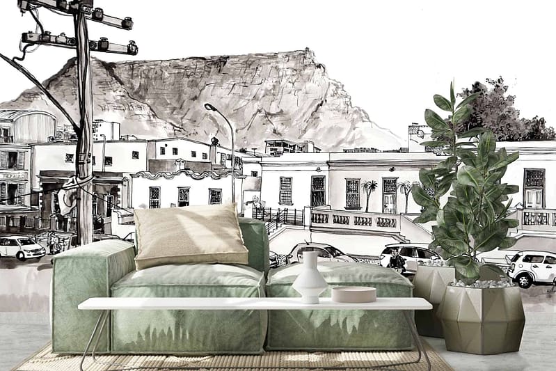 Monochrome mural, scenic Bo Kaap neighborhood, Cape Town, traditional buildings, parked cars. Elements: detailed architecture, windows, doors. Colors: shades of black, white, and gray.