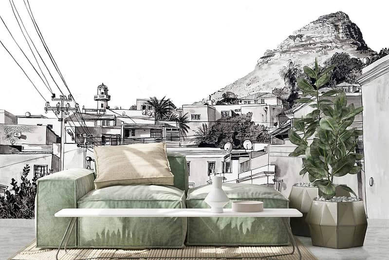 Black-and-white sketch of Chiappini Street, hilly village, houses, power lines.