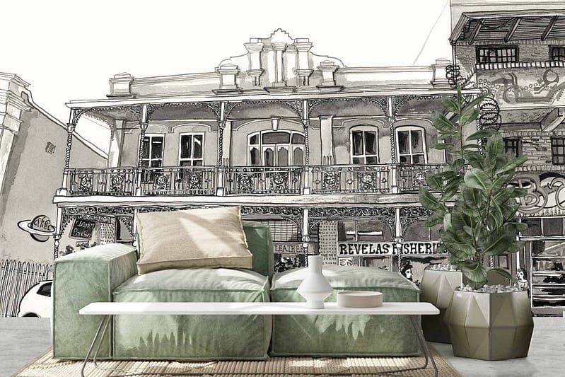 The wallpaper features a detailed sketch of a vintage building, reminiscent of Clarkes Bookshop. The drawing is intricate, showcasing architectural lines and elements in shades of black and grey.