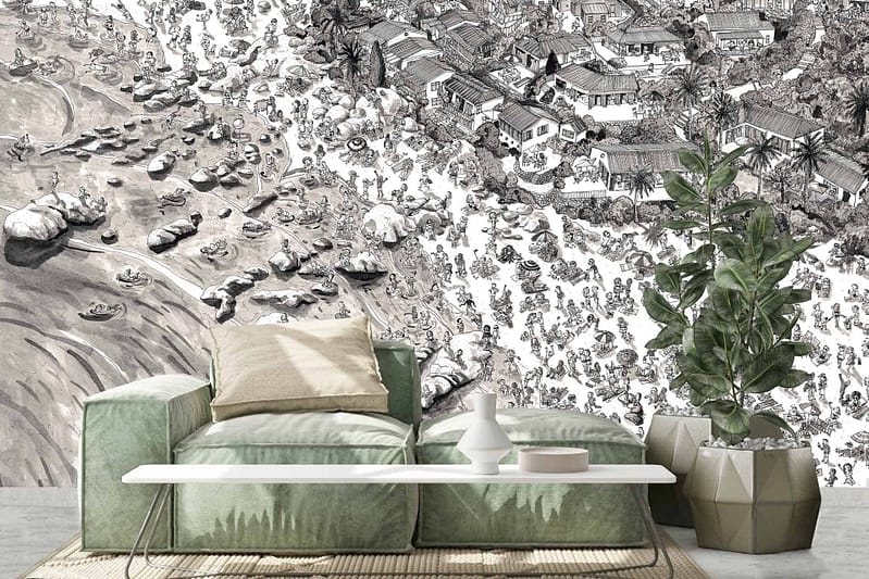 Intricate black-and-white mural, Clifton's town, buildings, roadways, beachgoers. Elements: detailed structures, bustling streets. Colors: black and white.