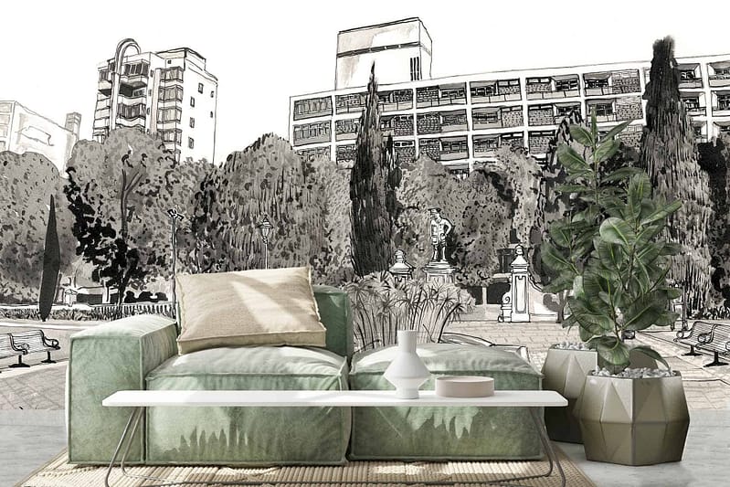 Monochrome illustration of Company Gardens with trees and buildings.