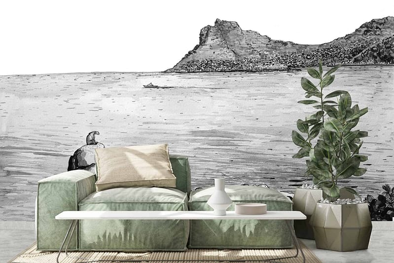 Large mural of Hout Bay coastal scene, featuring Sentinel. Vibrant blues of the ocean, earthy browns and greens of the mountain and cliffs. Tranquil sky with soft white clouds. Serene, natural atmosphere enhanced by vivid nature-inspired hues.