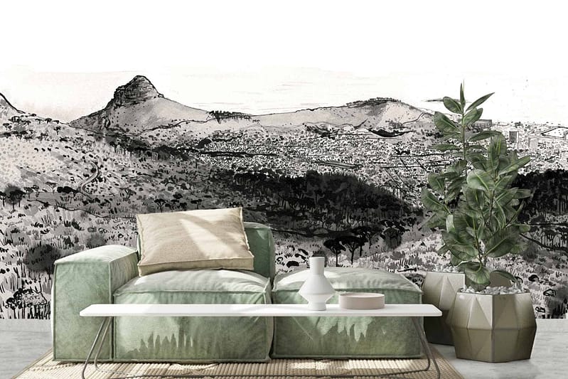 Monochrome mural of Lions Head mountain in Cape Town, featuring detailed mountainous landscape elements. Colors: shades of black, white, and gray.