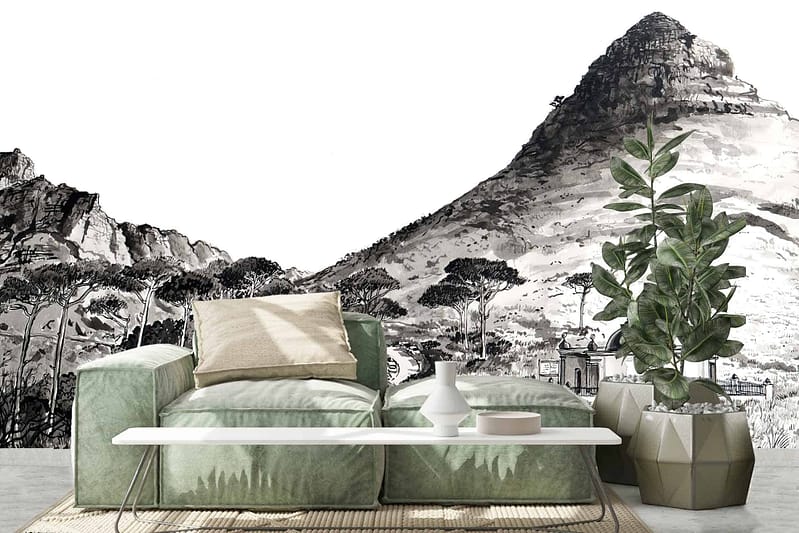 Monochromatic mural of Lions Head mountain landscape, grayscale tones, artistic touch, mountain backdrop, nature scenery.