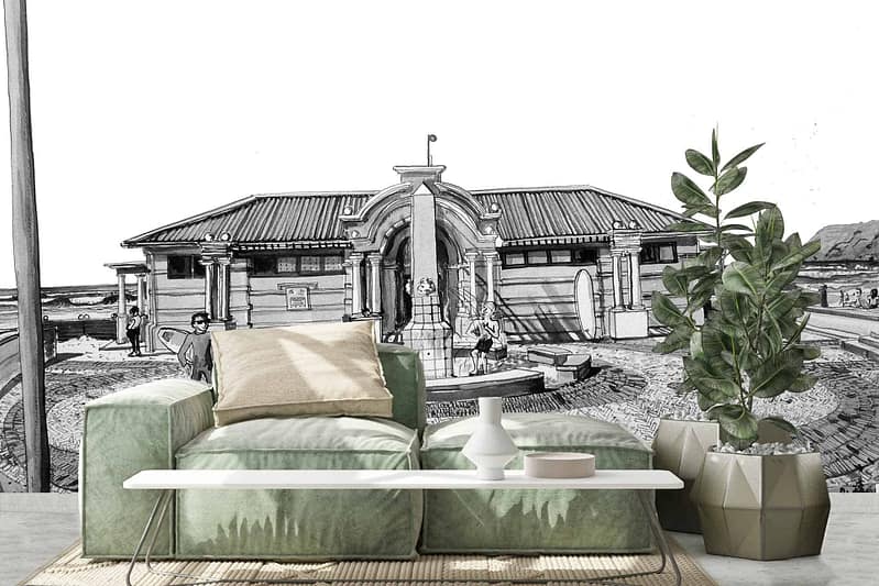 A black-and-white illustration of historic Muizenberg, featuring people, benches, and a coastal path.