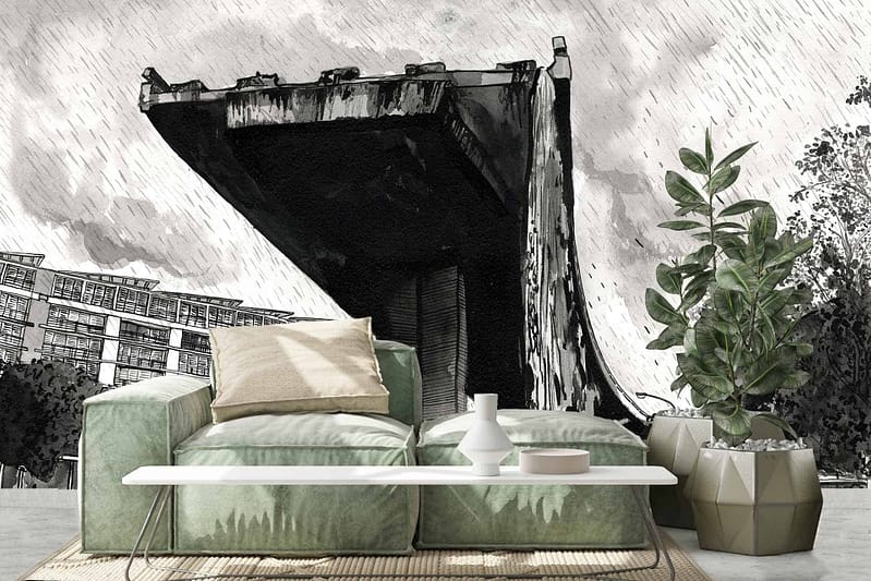 The wallpaper features an abstract architectural structure in black and white, set against a rainy sky. The serene flow of the N2 Waterfall is suggested within the mural’s elements.