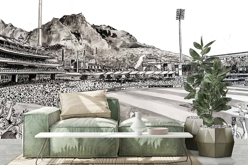 Large mural of Newlands cricket ground, filled with spectators. Mountains and floodlights in the background. Lively atmosphere. Predominantly features green, blue, and varying shades of brown colors.