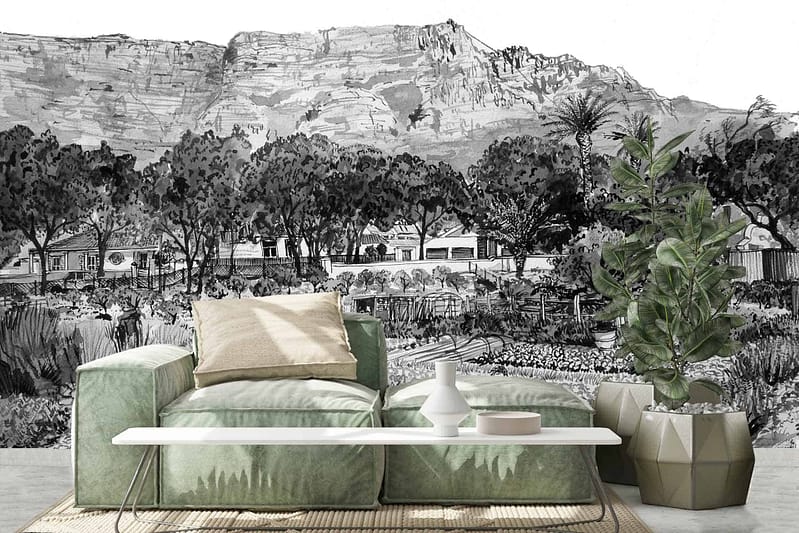 The wallpaper features a scenic landscape with mountains, trees, and structures in an OZF mural style. It showcases earthy tones like greens, browns, and blues to depict natural elements.