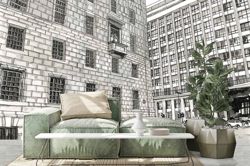 The wallpaper features large, detailed drawings of urban buildings from Queen Victoria Street, creating a cityscape impression. It includes intricate line work and architectural elements in shades of black, grey, and white. The overall theme is urban and historical with meticulous detail reflecting the street's iconic structures.