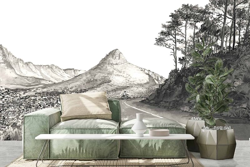 The wallpaper features a black and white mural of Signal Hill Road winding through a mountain landscape. Key elements include the road, mountains, and contrast between dark and light shades.