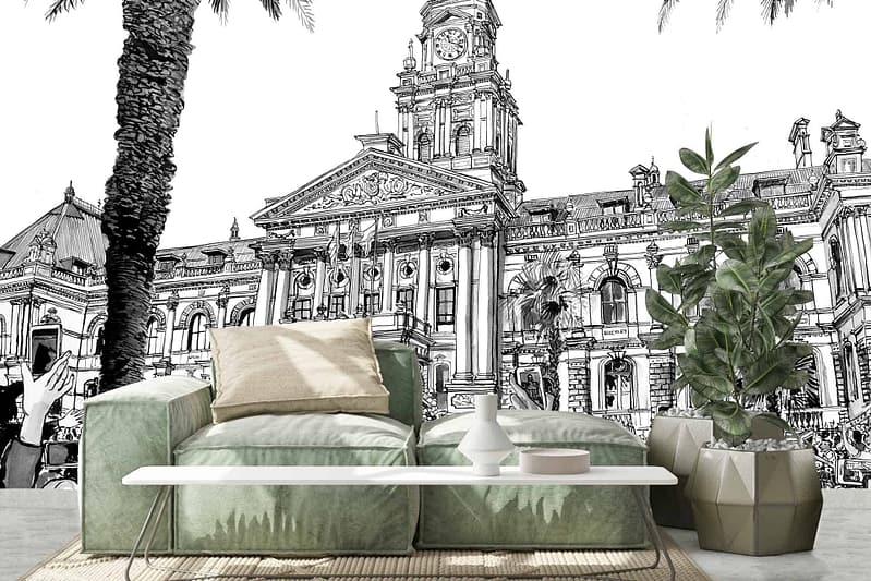 Large monochrome mural of a historic building with a clock tower, intricate architectural details, "Stronger Together.