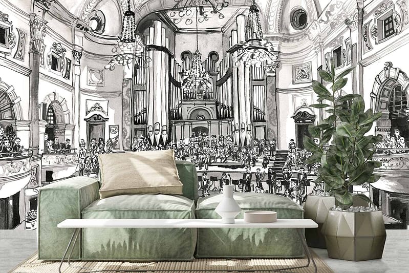 Elaborate black and white mural wallpaper featuring a grand concert hall with a large organ, an audience, and architectural details reminiscent of the Cape Philharmonic Orchestra in Cape Town.