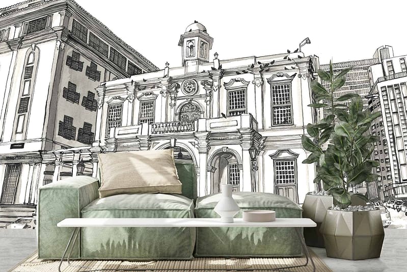 A detailed black-and-white sketch of historic Old Town houses, providing an artistic urban backdrop. The wallpaper features intricate architectural elements and monochromatic tones.