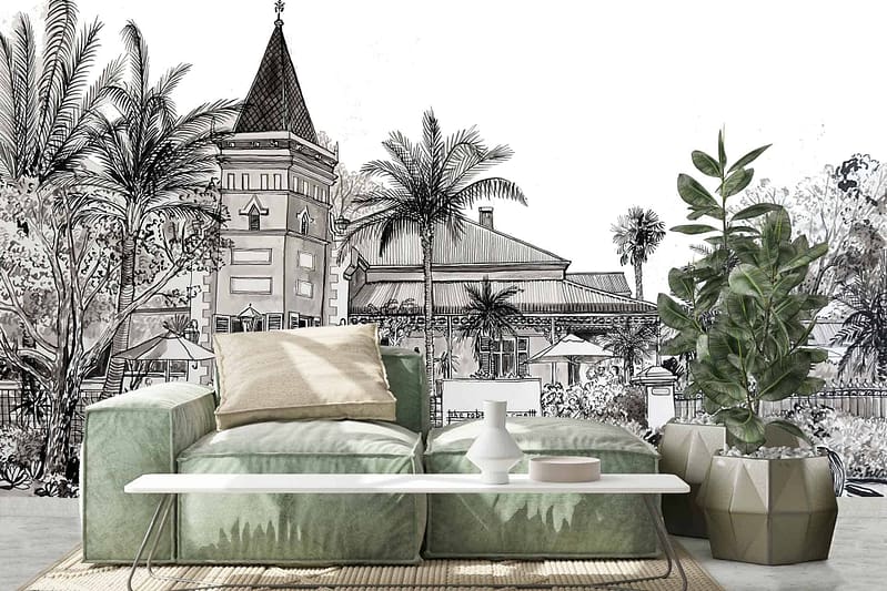 The wallpaper features a detailed sketch of a building and palm trees, blending architectural elements with natural scenery. The color palette includes monochromatic lines in shades of gray and black against a muted cream background.