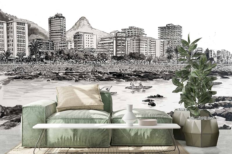 The wallpaper features a coastal cityscape mural with buildings, mountains, and various water activities. Key elements include canoes on the water and people enjoying outdoor activities. The colors are predominantly blue for the water, green for the landscape, and a mix of earthy tones for the buildings and mountains.