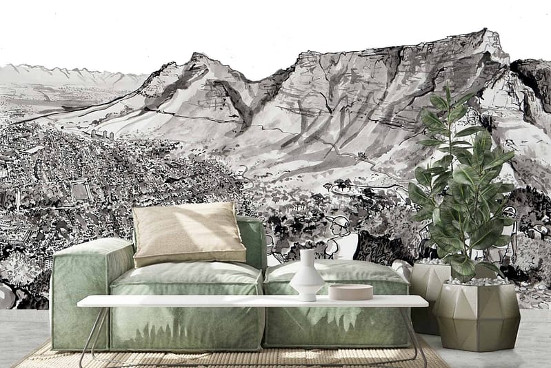 The wallpaper features a black-and-white mural illustrating the Lions Head mountain landscape. It showcases intricate, monochromatic details of the mountain’s contours and surroundings, providing a dramatic yet elegant backdrop in grayscale tones. The emphasis is on bold contrasts between the deep blacks and crisp whites, creating a striking visual depth that captures natural beauty.