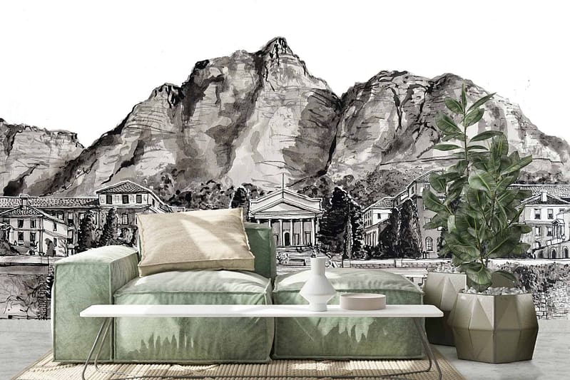 A detailed black and white mural of mountains and classical buildings adorns the backdrop. The wallpaper features intricate landscapes, architectural elements from ancient structures, and natural motifs in monochrome shades. This artistic design creates an elegant, timeless ambiance in the room.