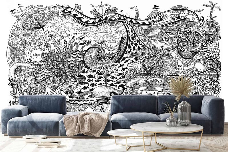 The black and white mural showcases intricate doodles of sea creatures, plants, and abstract patterns. It features detailed illustrations of fish, octopuses, coral reefs, seaweed, waves, and bubbles. The monochromatic palette enhances the complexity and depth of the designs. Key elements include swirling lines for water currents and geometric shapes interwoven with organic forms. The overall effect is dynamic yet cohesive, making it a captivating backdrop for any space.