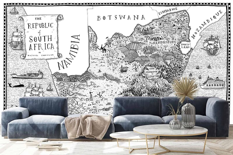 The wallpaper features a large, detailed map of South Africa in black and white, displaying borders, cities, and illustrations of ships and wildlife.