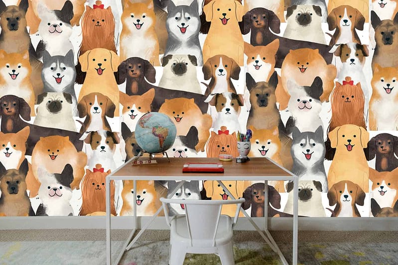 A vibrant mural features various cartoon dogs of different breeds, sizes, and colors. The joyful expressions on the dogs highlight their playful nature amidst a cheerful backdrop.