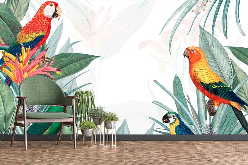 Vibrant wall mural showcasing a parade of colorful parrots among lush, tropical foliage. Parrots in brilliant hues of red, blue, yellow, and green. Dense greenery with various shades of green leaves, exotic flowers in reds and pinks. Lush botanical elements creating a lively jungle scene full of vivid colors and dynamic patterns.