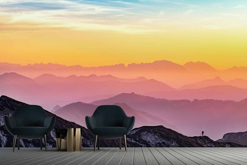 Wallpaper features:
- Multi-colored sunset
- Golden hues
- Layered mountain ranges
- Serene, picturesque landscape