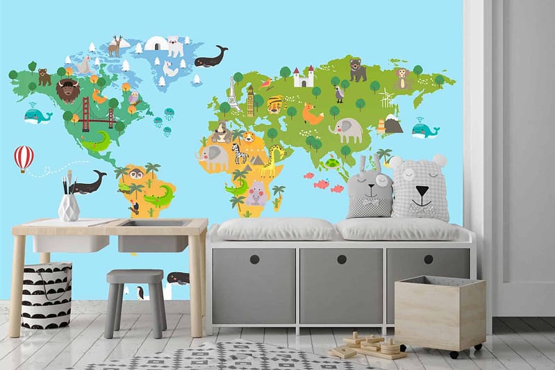 The wallpaper is a vibrant world map mural depicting various animals and landmarks from different continents. It features bright colors such as blues for oceans, greens for forests, yellows for deserts, and white for snowy regions. Animals like elephants, lions, kangaroos, penguins, and more are scattered across their native habitats alongside iconic landmarks such as the Eiffel Tower and Great Wall of China.