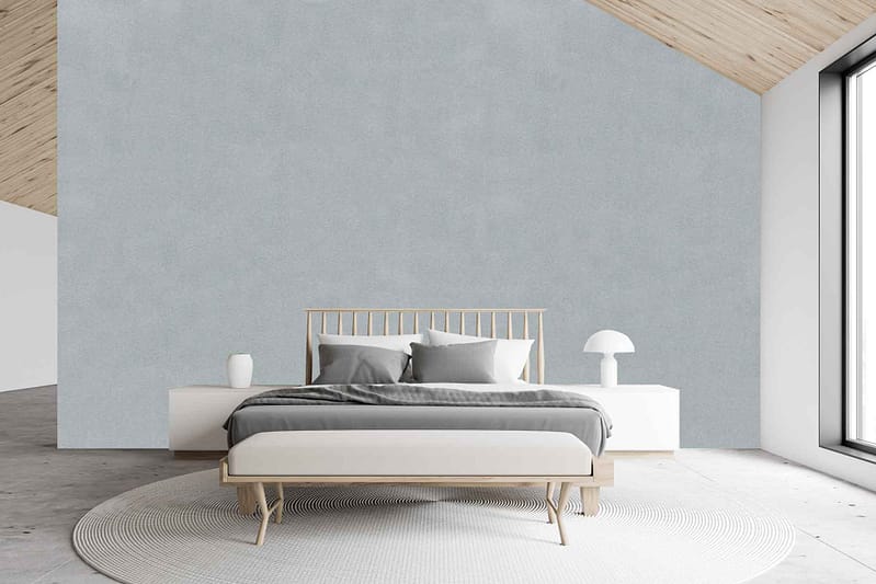 Find a wallpaper featuring serene, muted tones with minimalist design, incorporating soft white and gray hues. Look for subtle wooden accents and textures that mimic natural wood grain or light oak finishes. Ensure the pattern is clean and modern to complement concrete floors.
