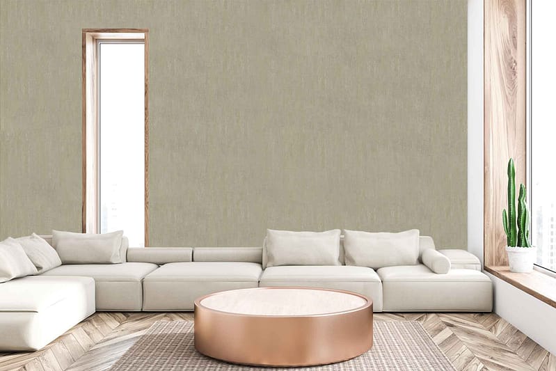 Textured beige wallpaper with subtle patterns. This wall covering features a mix of soft, neutral hues that complement wooden accents and furniture in modern living rooms. Its tactile design adds depth and warmth to the space, enhancing natural light from large windows.