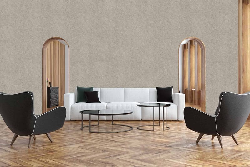 The wallpaper features a neutral-toned background with subtle wooden accents. The elements include minimalist patterns that incorporate soft beige, light gray, and hints of white.