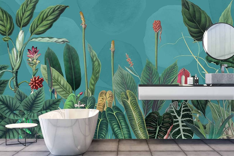 Botanical wallpaper with lush green tropical plants and flowers against a teal background.