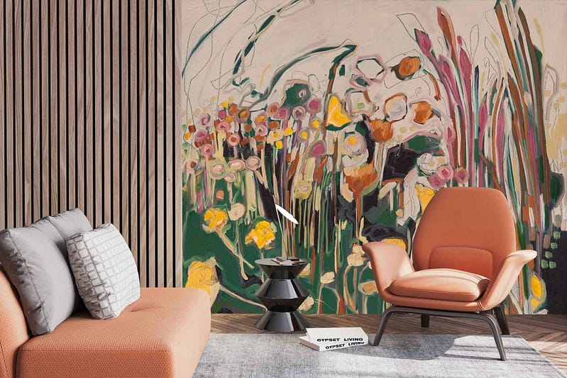 Colorful abstract floral mural featuring vibrant shades of blue, green, yellow, red, and pink. Usage of soft pastels and bold primary colors to create a lively and modern artistic expression on wooden panel walls.
