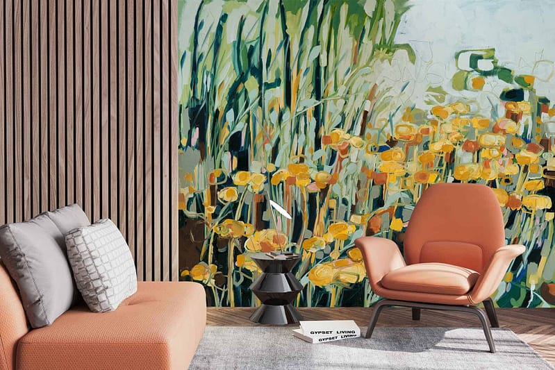 The wallpaper features vibrant yellow flowers and lush green foliage, specifically depicting Erica and Helichrysum Italicum.