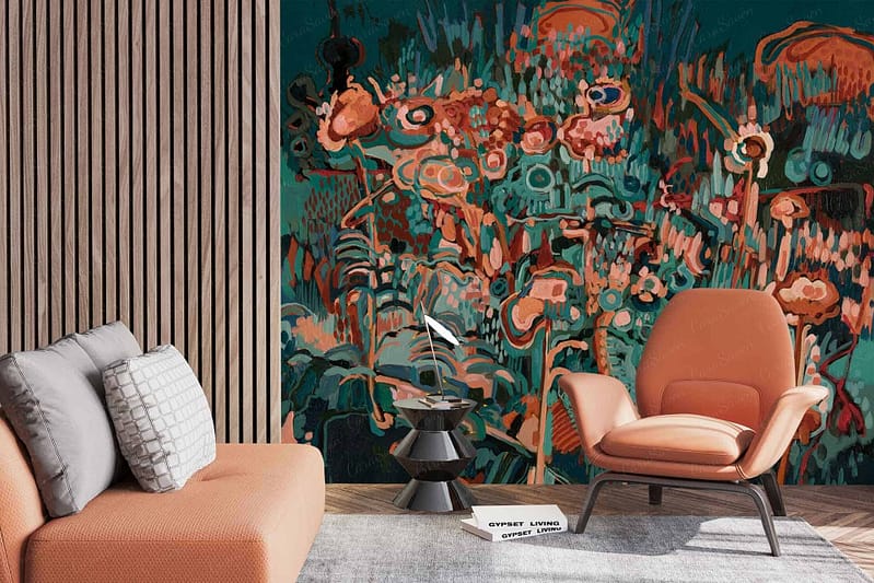 Abstract floral mural featuring vibrant colors: deep blues, fiery reds, bright yellows, and lush greens. Bold, overlapping shapes create a dynamic sense of movement. The design includes stylized petals and leaves with striking black outlines for contrast. Background tones range from soft pastels to rich jewel shades. Perfect for adding a modern and energetic vibe to any contemporary living space.