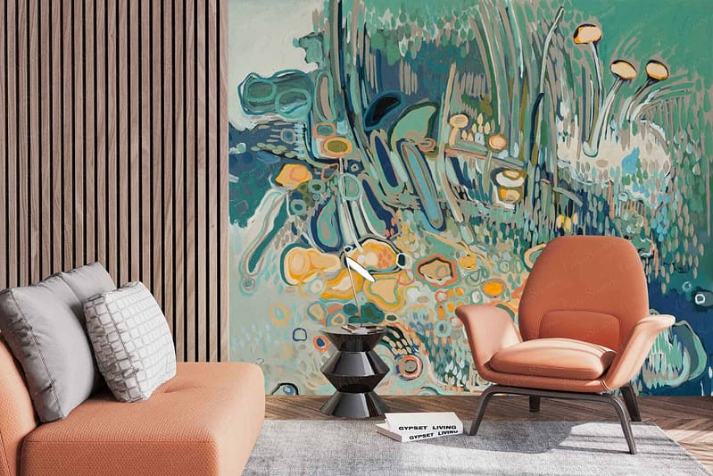 The wallpaper features a large, colorful abstract mural with vibrant hues. Key elements include bold splashes of red, blue, yellow, green, and orange in dynamic patterns. Its artistic design stands out with swirling shapes and striking contrasts.