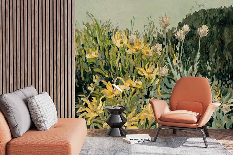 The wallpaper features lush greenery with large, vibrant yellow flowers, creating a nature-inspired backdrop.