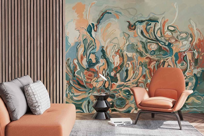 Abstract, pastel-colored mural featuring soft hues and flowing shapes. Elements include blended pastels in shades of pink, lavender, mint green, and light blue.