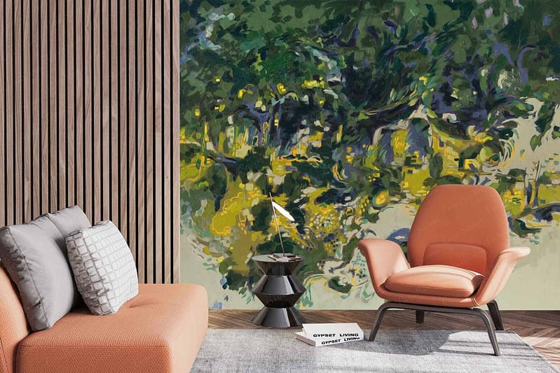 The modern living room features a large, abstract mural prominently displaying green and yellow tones.