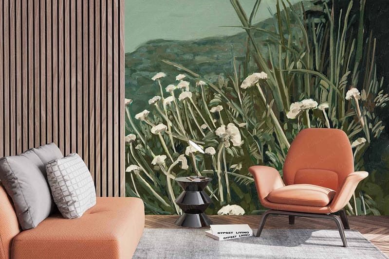 Wallpaper features white flowers and green foliage.