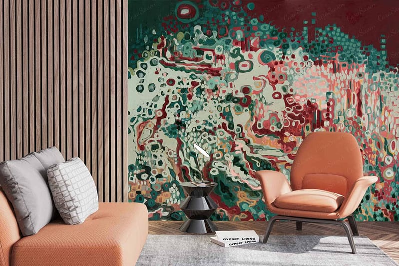 A contemporary living room wallpaper featuring an abstract, colorful mural with organic shapes and patterns. Key elements include bold swirls, geometric designs, and vibrant hues like teal, mustard yellow, coral pink, deep blue, and olive green. Highlight keywords: abstract mural wallpaper, organic shapes, colorful patterns.